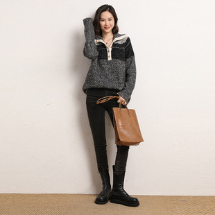 Floral cashmere accent French collar multi-use pole grade gray contrast sweater winter soft waxy retro lazy style