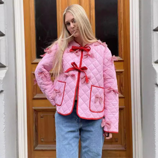 European and American Fashion Autumn and Winter Women's Bow Pink Jacket Women's Lace-up Casual Simple Loose Cotton-padded Clothes Women