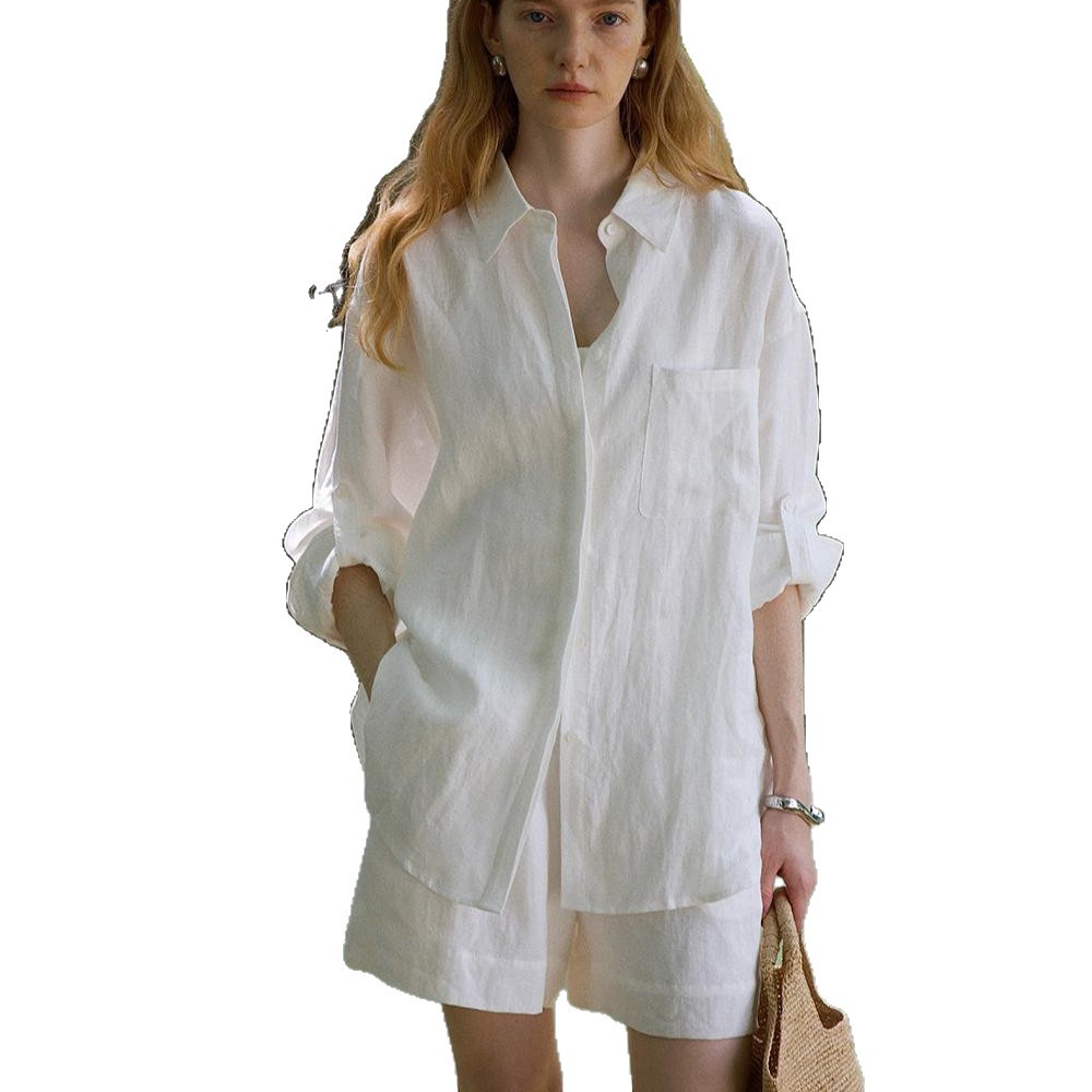 Countonme Relaxed Summer/Leisurely Casual Style All-Linen Oversized Shirt/Shorts Sun Protection Set