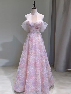 Banquet evening dress 2024 new off-shoulder sweet long dress for birthday party bridal wedding party back-to-door dress