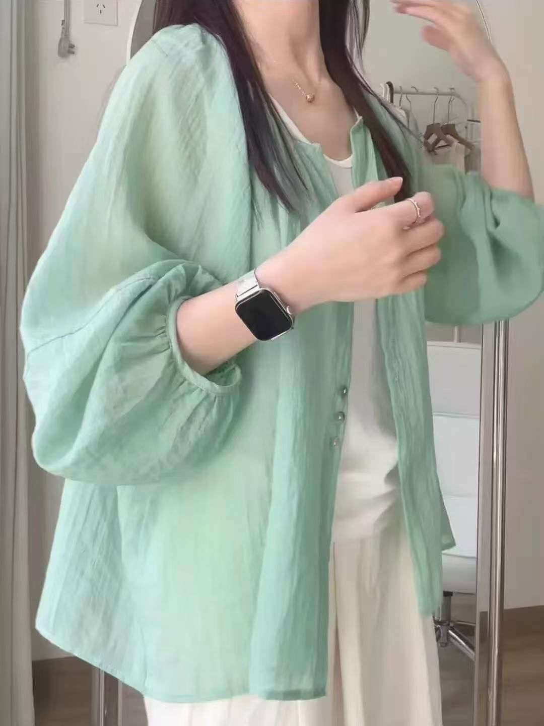 가을, 여름 새로운 단색 느슨한 캐주얼 슬리밍 연령 감소 탑 여성 한국 스타일 자외선 차단 의류 버블 슬리브 셔츠 카디건