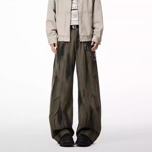 American-style Niche Design Sense Loose Pleated Splash Ink Used Jeans Men's Trendy Casual Wide Leg Profile Crane Pants