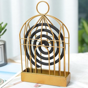 Wrought Iron Mosquito Incense Box Nordic Creative Birdcage Rack Household Hangable Incense Incense Furnace Golden Metal Mosquito Incense Box with Grey Plate