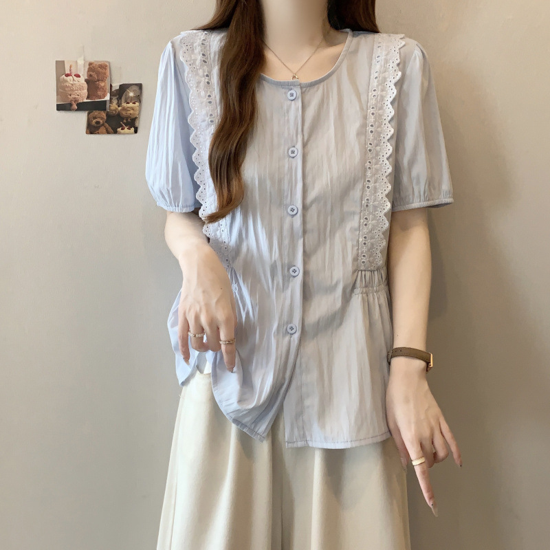 뚱뚱한 소녀 슬리밍 배 커버 셔츠 여성 여름 레이스 허리 짧은 소매 인형 셔츠