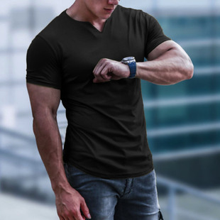 2023 new men's summer trendy pure color cotton round V-neck slim-fit short-sleeved T-shirt bottoming shirt half-sleeved men's top