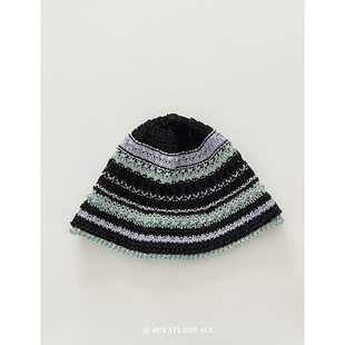 Japanese Style Vintage Contrast Color Striped Straw Fisherman Hat Women's Summer All-match Face Showing Small Sunshade Bucket Hat Sunscreen Hat