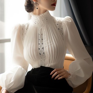 2024 this year's popular shirt spring new feeling good-looking white bubble sleeve collar top women