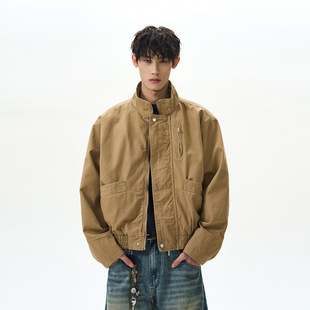 American Style Retro Men's Wear with Vertical Collar Short Loose Heavy Industry Jacket Street Commuter Casual Spring and Autumn Jacket Jacket
