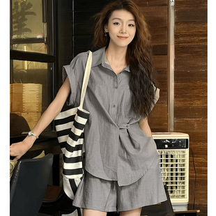 Short Sleeve Shorts suit Women's 2024 Korean Style New Arrival Summer Linen Shirt Top Wide Leg Shorts Casual Two-Piece Set