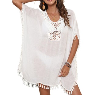 Seaside Beach skirt cross-border European and American women's hand hook stitching tassel sexy loose bikini blouse A201240