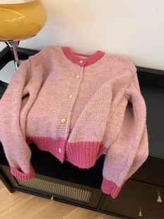 2024 Style Mohair Knitted Cardigan Women's Autumn and Winter Soft Waxy Lazy Color Contrasting Round Neck Raccoon Sweater Cardigan