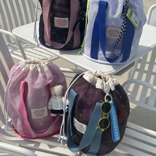 Ins Korean Style Contrast Color Beach Bag Mesh Large Capacity Bundle Pocket Portable Swimming Fitness Multifunctional Wash Bag