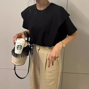 Japanese and Korean Women's Summer New Loose All-match Casual Solid Color Cotton Ruffled T-shirt Top Women's Cross-border Foreign Trade