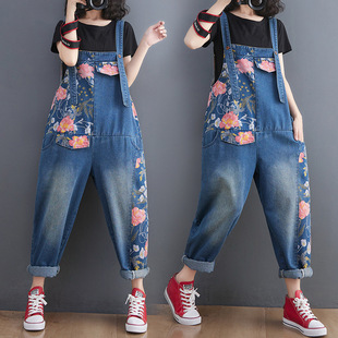 2022 plus size denim suspender pants European printed stitching loose casual high waist fashion personalized suspender pants women's fashion