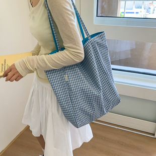 Korean style small plaid double-sided back lightweight large capacity canvas tote bag relaxation sense of art shopping bag nylon cloth bag
