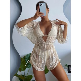 Customized Swimwear European and American Three-Piece Bikini Leaf Print Waist Tie Fashion Long-Sleeved Beach Anti-Squam Swimsuit