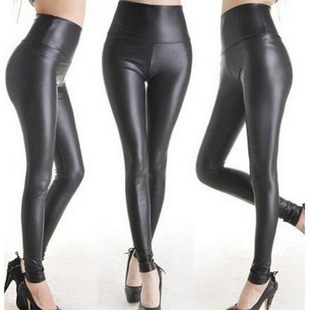 European and American Women's Leather High Waist Stretch Breathable Slim-fit Slimming Leather Skinny Pants Cropped Leather Pants Women's Leggings Black 9004