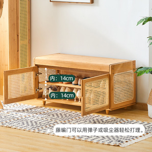 Shoe changing stool home door can sit and wear shoes stool Rattan woven entrance shoe cabinet integrated stool long stool log style
