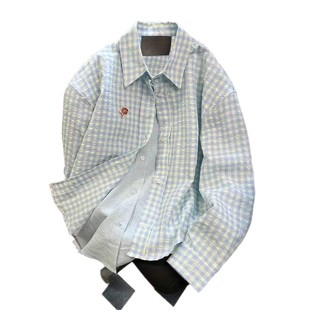 Fake Two-piece Blue Plaid Shirt Coat Women's Spring New Long-sleeved Shirt Loose Sun-protective Casual Top Trendy