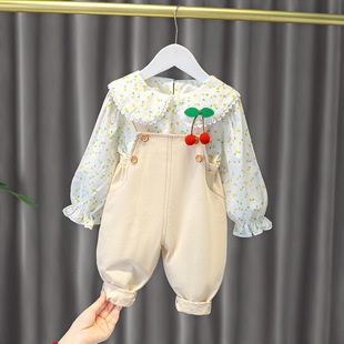 2024 New Long Sleeve suit Children's Floral Cute Cherry Bags Fashion Stylish Two-Piece suit