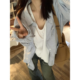 2025 Summer New Women's Blue Striped Shirt Loose Thin Casual Shirt All-match Top Sun Protection Jacket