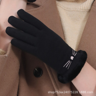 Winter Women's velvet touch screen windproof riding gloves warm fleece-lined adult embroidered cat head fur mouth gloves