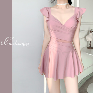 Women's one-piece swimsuit Xia Chun Wants Wind Explosions Conservative Skirt Belly-covering Slimming Small Chest Gathering Hot Spring Swimsuit