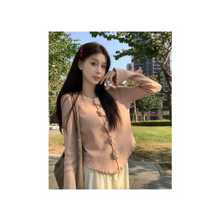 Cross-border pink three-dimensional flower knitted pullover spring and autumn women 2024 new French wooden ear long sleeve top