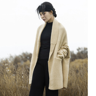 Lapel drop shoulder 100% pure wool cardigan coat Women's Mid-length autumn and winter thickened knitted heavy Cape sweater