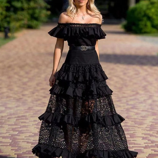 2024 French Retro off-shoulder Lace Elegant Fairy Dress Lace-up Waist Slimming Embroidered Long Dress for Women