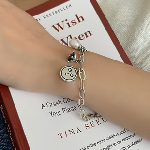 Korean 925 Sterling Silver Bracelet Women's ins Multi-Pendant Strange Smiley Small Diamond Irregular Pearl Bracelet Retro Old Style