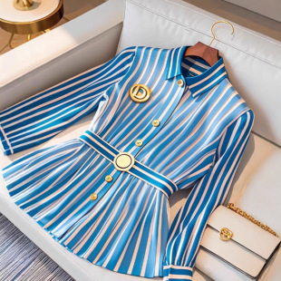 8433 Blue Striped Lap Long-sleeved Shirt Women's Early Autumn High-end Temperament Tight Waist Slimming Chic Pretty Shirt