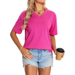 Real shot Amazon independent station Europe and the United States cross-border 2025 summer new solid color V-neck loose short sleeve T-shirt top