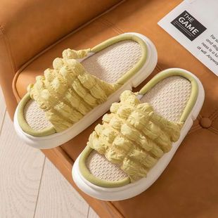 Puff linen slippers women's summer thick-soled home fabric sandals indoor couples step on excrement feeling cotton linen slippers wholesale