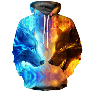 2025 Spring and Autumn New 3D Digital Colored Wolf Printed Hooded Sweatshirt European and American Loose Pullover for Men and Women Couple