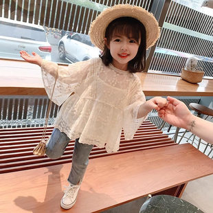 Children's suit 2022 new summer girls lace long sleeved blouse female flower shirt + small vest two-piece set