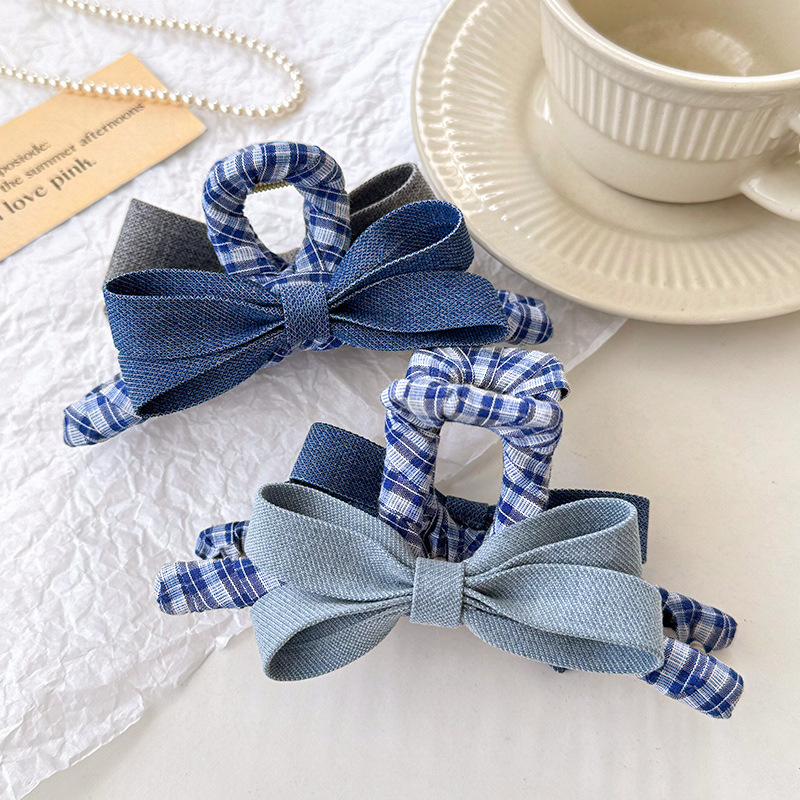 Korean-Style Dark Blue Plaid Denim Bowknot Hair Clip Fashion Back-Of-The-Head Shark Clip Hair Accessory for Women