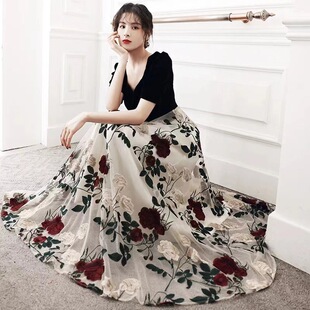 New Retro High Waist Slim Embroidered Big Flower Fashion Sweet Mesh Mid-length Fairy Skirt