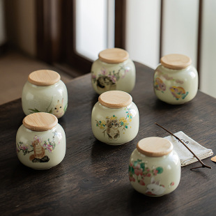 Beige Ruyao Tea Pot Creative Cute Cute Cat Ceramic Small Tea Warehouse Portable Mini Pollen Tea Storage Sealed Pot