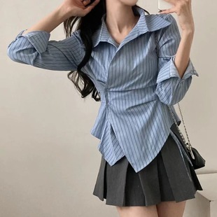 Korean Style Design Irregular Waist Autumn Shirt Striped Academy Style Shirt Long Sleeve New Slim Look Top