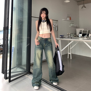 American Style Retro Hot Girl Low Waist Wide Leg Jeans Women's Old Washed Loose Slimming Contrast Color Straight Pants Spring and Autumn