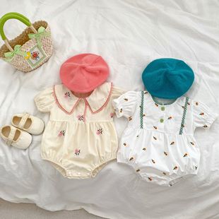 Summer Korean-style baby girl 1-3-year-old jumpsuit floral embroidery lace sweet contrast color climbing clothes