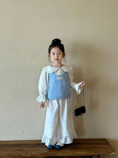 Girls suit 2025 spring new children 2-7 years old knitted sweater vest lapel shirt wide leg pants tide