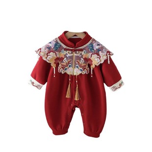 Spring New Chinese Style Baby Girl Red Festive One-year-old Dress Jumpsuit Spring and Autumn Goldfish Cloud Shoulder Climbing Dress