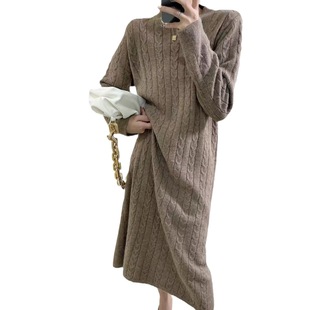 Knitted dress women's autumn and winter matching coat small loose mid-length over-the-knee twist bottoming sweater dress