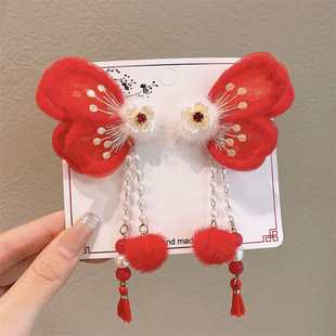 Red Butterfly New Year Hairpin Pink Girls Baby Red New Year Festival Goldfish Fur Ball Flocking Autumn and Winter Pair