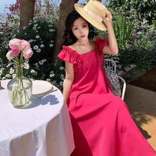 Dopamine Backless Wear Age-reducing dress Women's Spring New Artwork Ear-shaped Square Collar A- shaped Mid-length Skirt