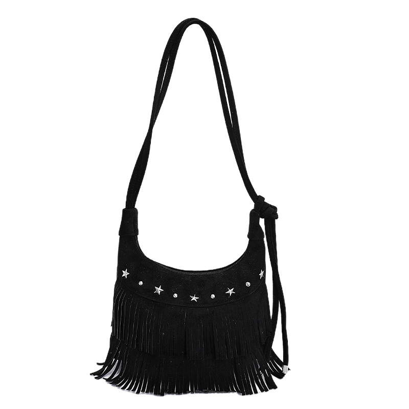 Retro tassel suede bag for women, 2025 new style, casual studded trendy shoulder bag, fashionable crossbody bag.