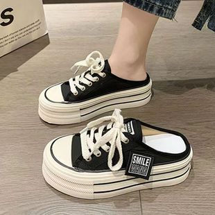 Canvas Half Slippers Women's Summer Outer Wear 2024 New Internet Celebrity Hot High-grade Thick Bottom Height Increase No Heel Lazy