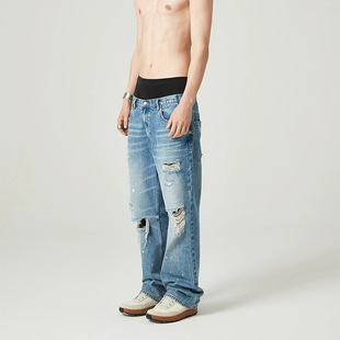 Cross-border American Style High Street Vintage Washed Design Splash Ink Straight Ripped Jeans Men's Loose Wide Leg Pants